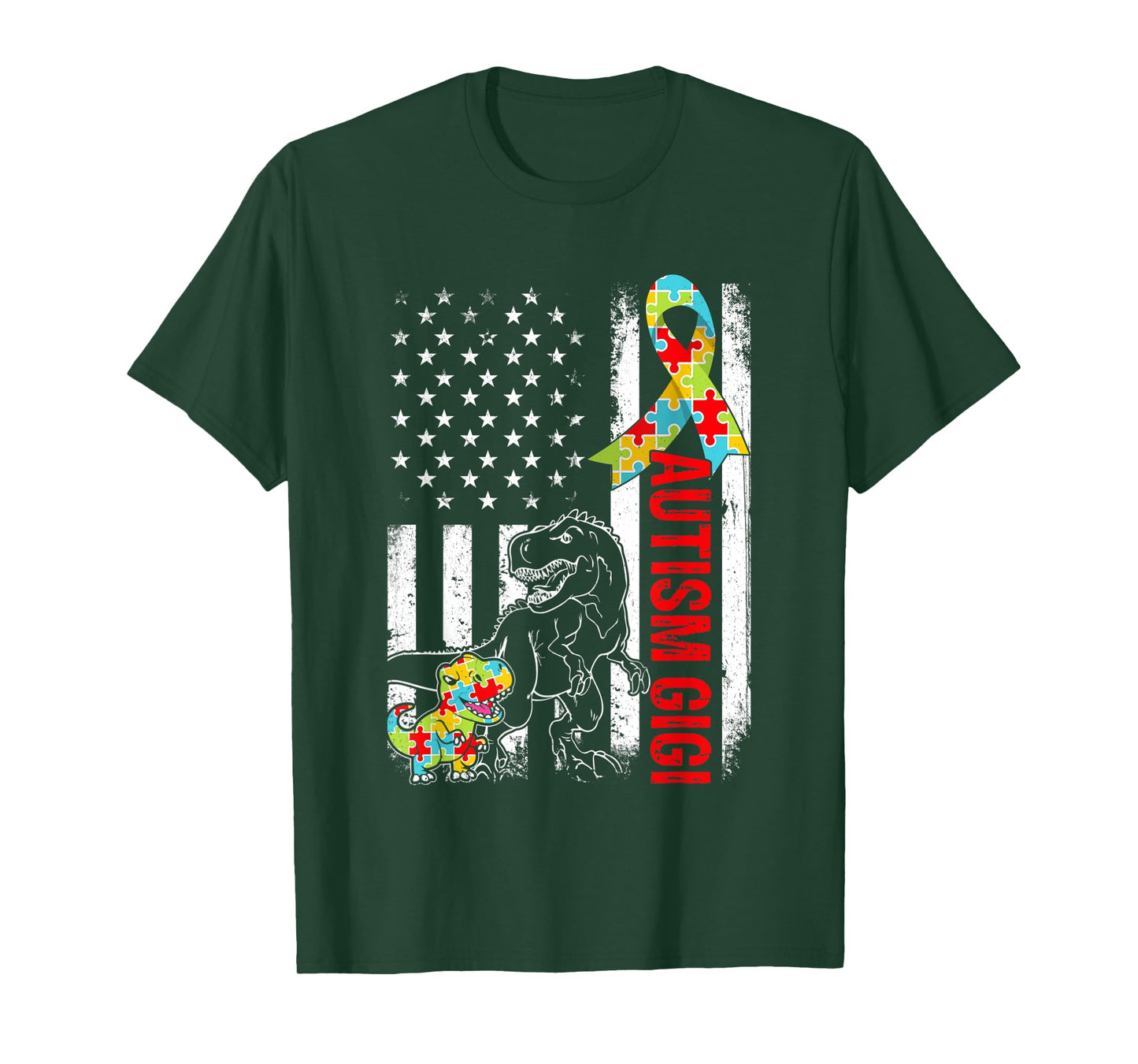 American Flag Autism Gigi Dinosaur Awareness Autistic Women Kids Men T-Shirt