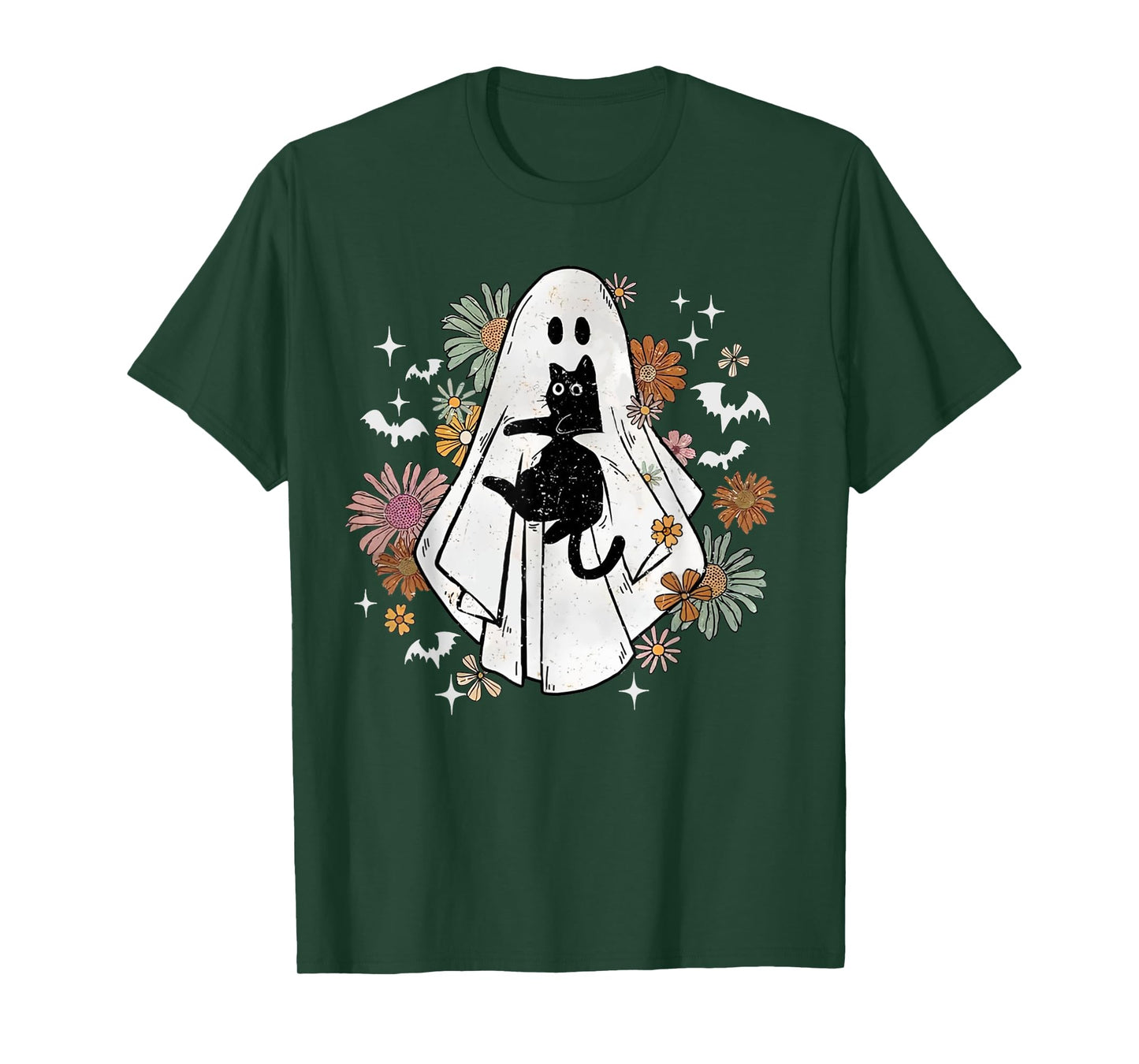 Spooky Ghost Holding Black Cat Groovy Floral Halloween Goth T-Shirt