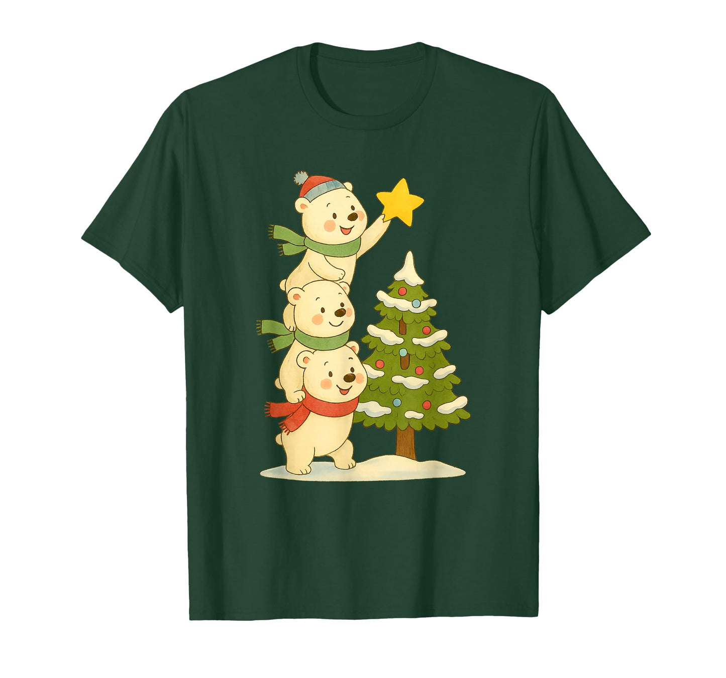 Cute Polar Bear Stacking Star on Tree Christmas T-Shirt