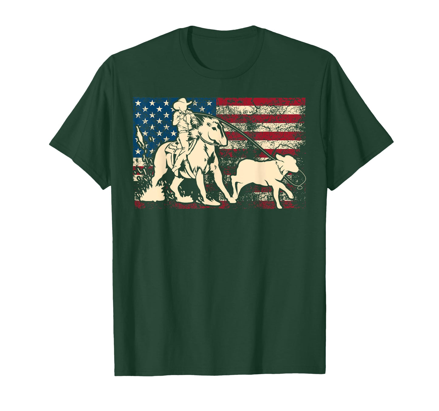 Funny Team Roping Rodeo Gift US Flag Cool Cowboy Men Women T-Shirt