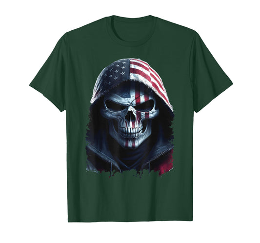 American Flag Skull Art Grim Reaper with USA Flag Hood T-Shirt