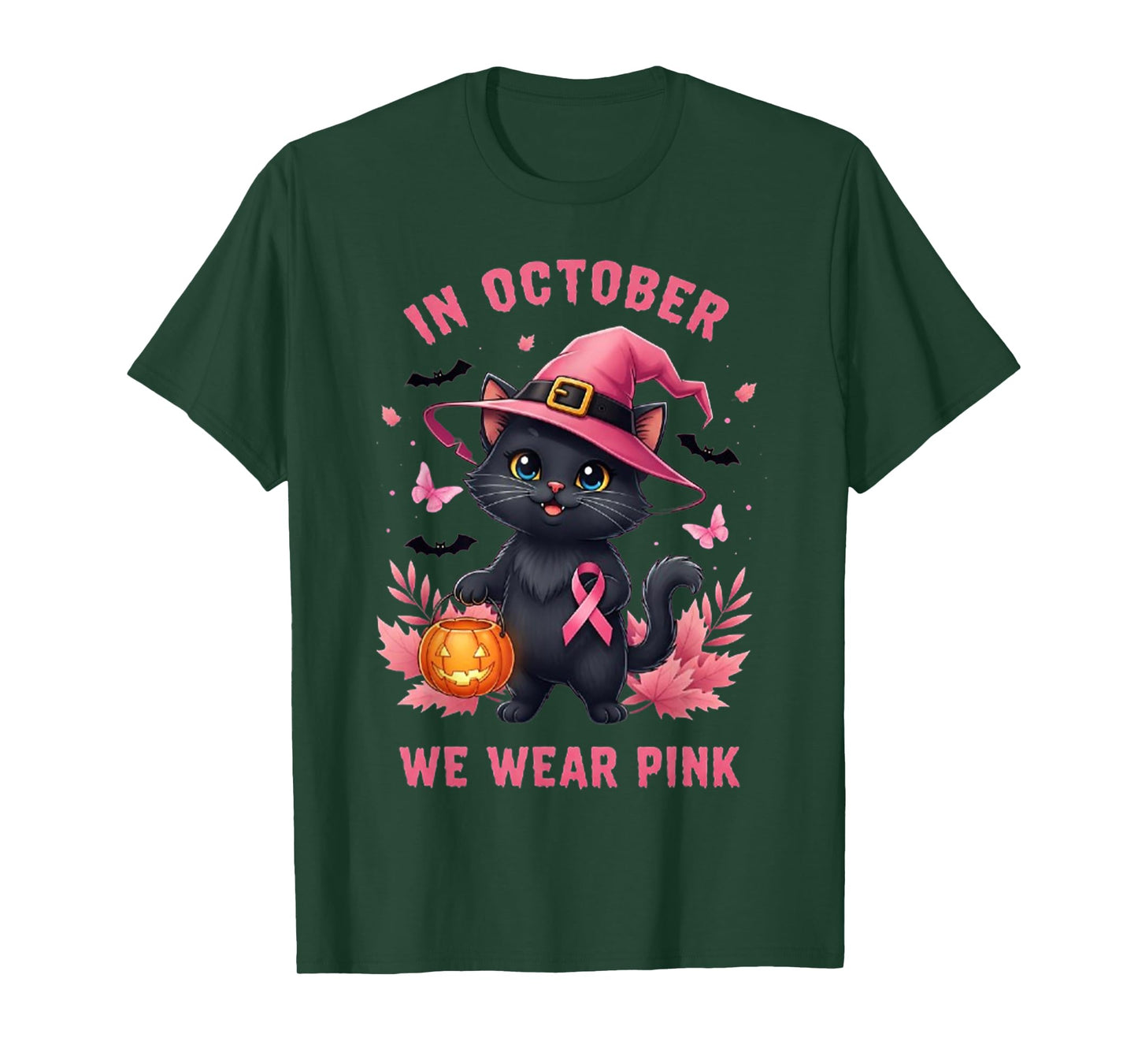 Fun Cat Pink Ribbon in October We Wear Pink Breast Cancer T-Shirt