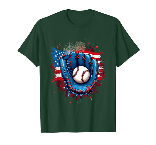Baseball Glove USA Flag Drip Style 4th of July Game Vibes T-Shirt
