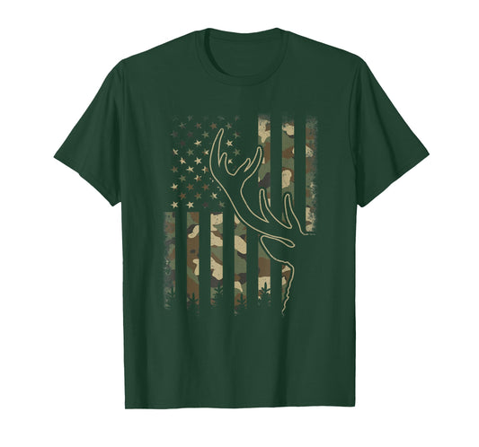 Camo US Flag Elk Buck Camouflage Deer Hunting Hunter Men T-Shirt