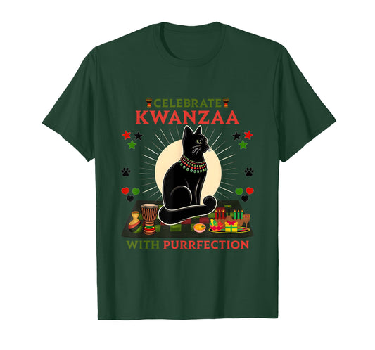 Kwanzaa Kinara Black Cat Christmas African American Holiday T-Shirt for Men Women Kids