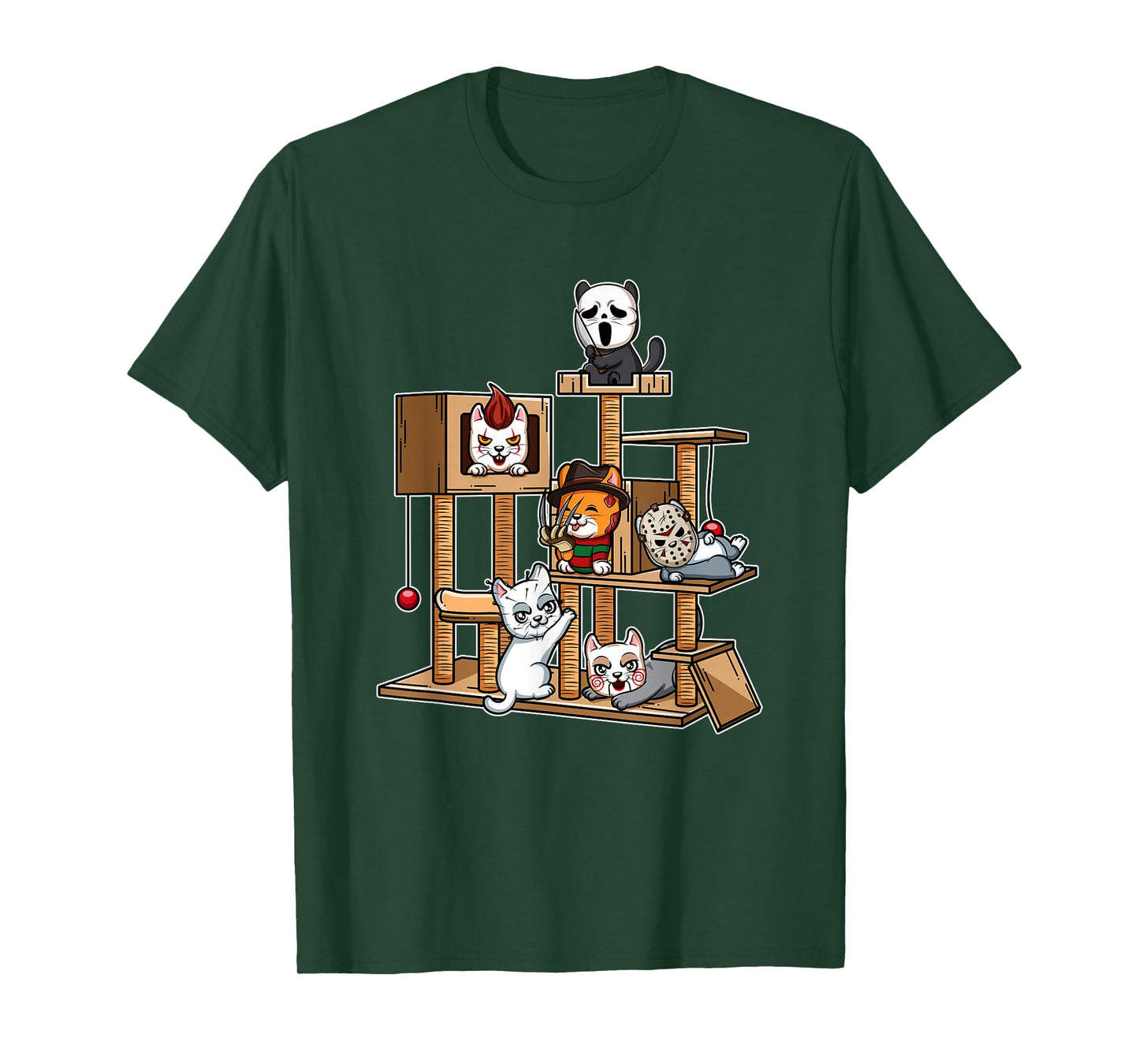Funny Horror Movie Kitten Playing On Cat Tree T-Shirt