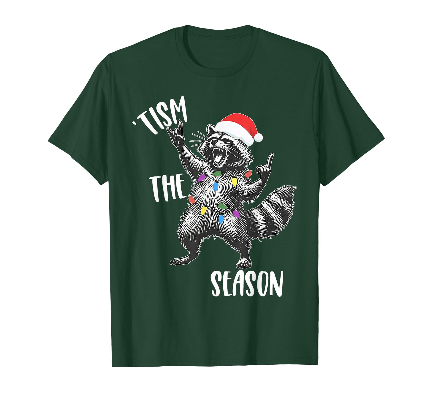 Tism The Season Raccoon Rock Santa Hat Autism Christmas T-Shirt