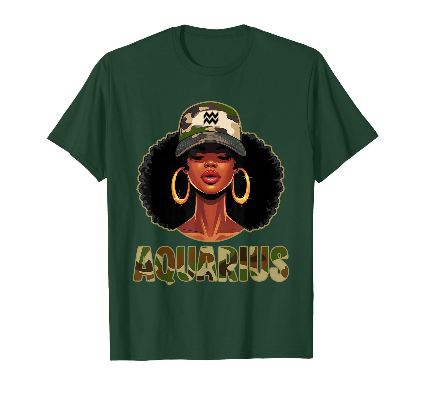 Aquarius Queen Black Woman with Cap Camo Afro Girl Zodiac T-Shirt