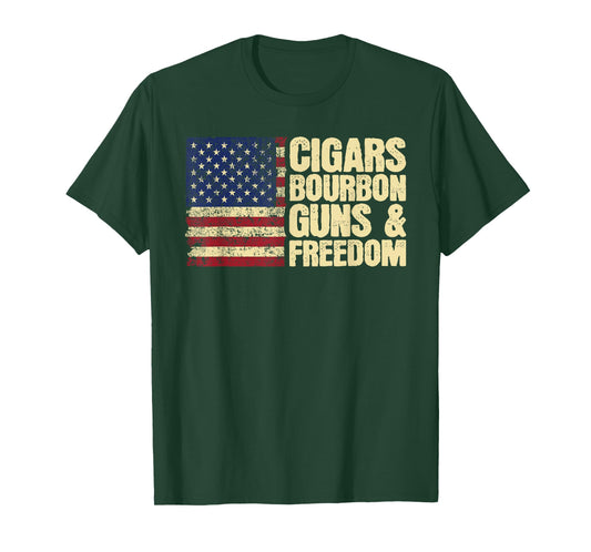 Cigars Bourbon Guns and Freedom American Flag T-Shirt