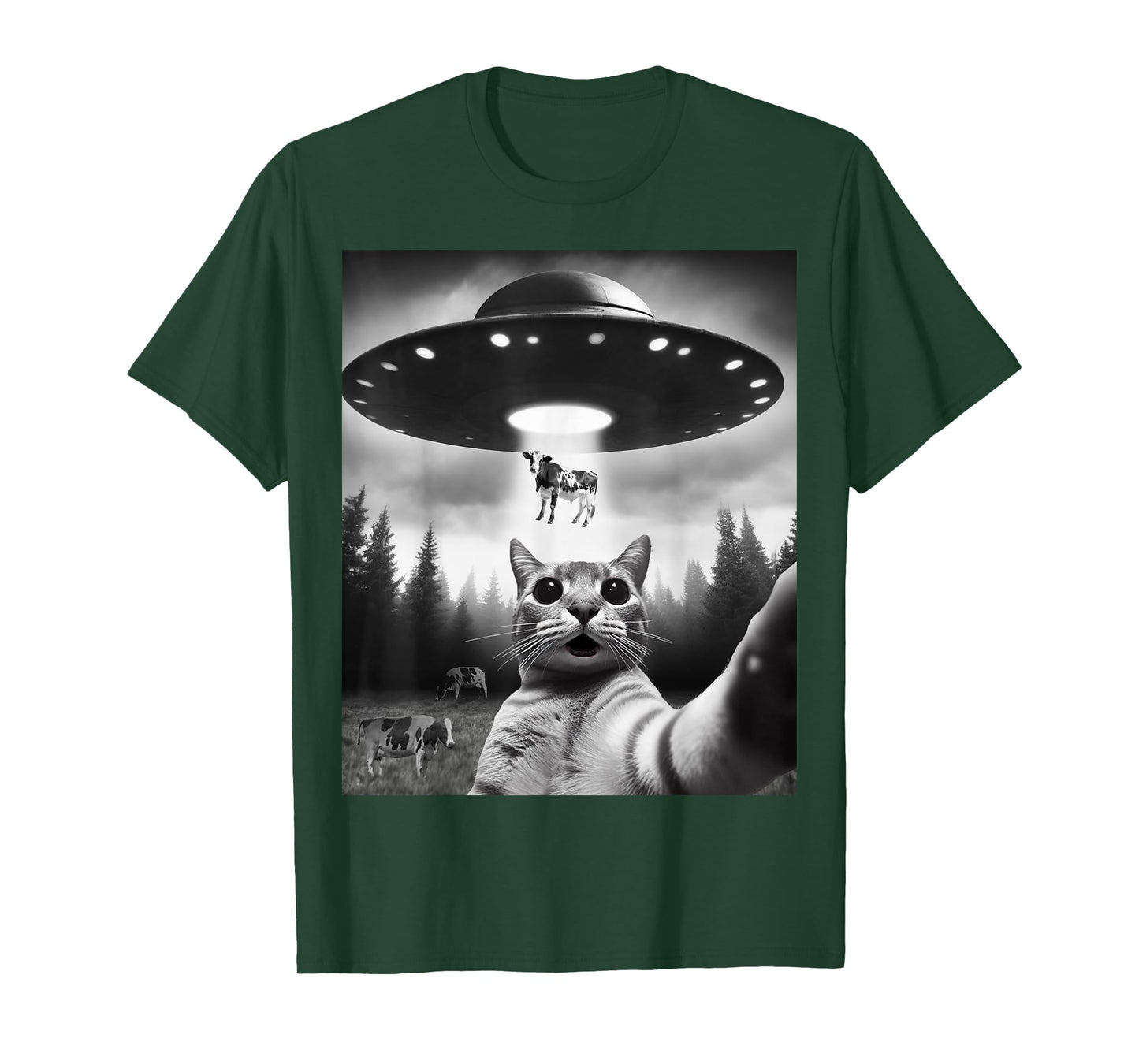 Funny Cat Selfie Flying Alien UFO Abducting Cow Cryptid Men Women Girls Kids T-Shirt