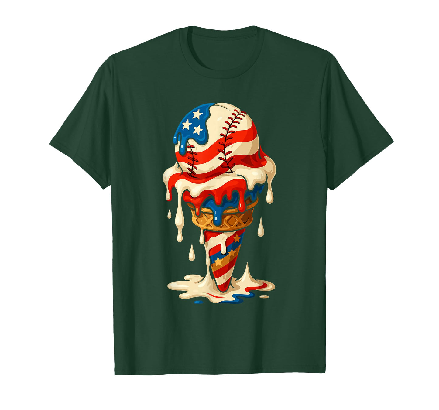 4th Of July Baseball Drip Ice Cream Cone American Flag T-Shirt