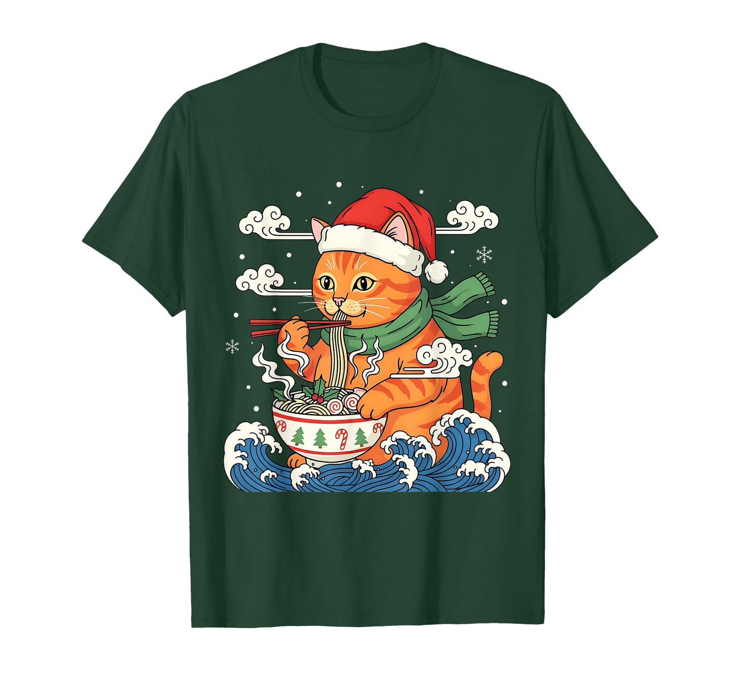 Funny Christmas Ramen Cat Eating Noodles Japanese Kawaii Cat T-Shirt