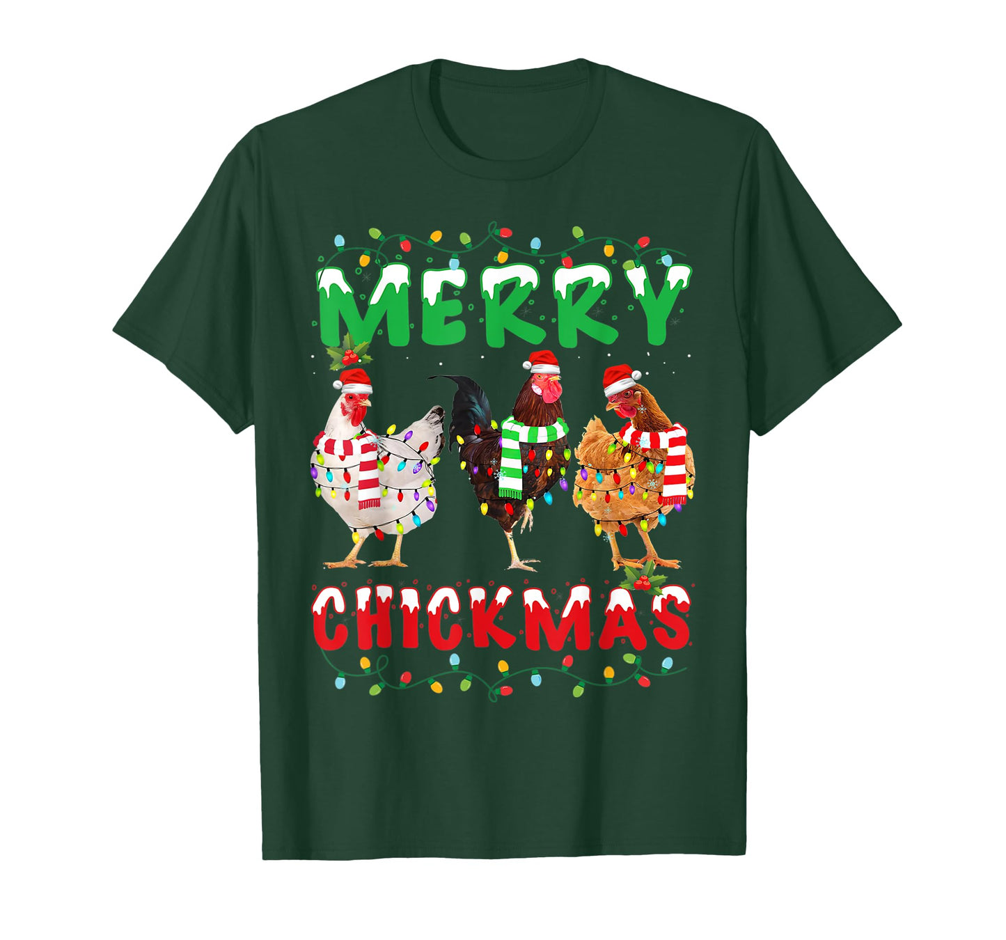 Merry Christmas Chicken Shirt Santa Hat Lights Funny Gift T-Shirt