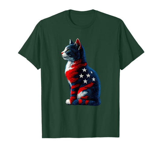 Cute Cat Green Eyes Patriotic 4th of July USA Flag T-Shirt