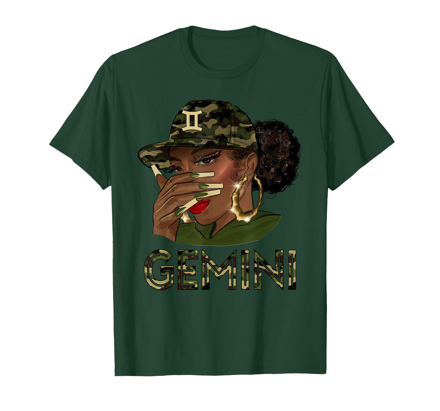 Gemini Queen Black Girl With Cap Camo Afro Woman Zodiac T-Shirt