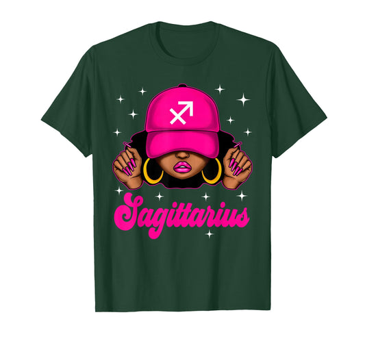 Sagittarius Girl Sassy Black Woman with Cap Zodiac Birthday T-Shirt