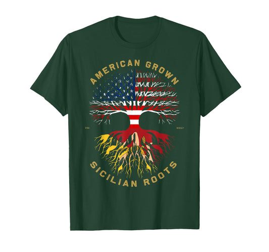 American Grown with Sicilian Roots Tree USA Flag Gifts Idea T-Shirt
