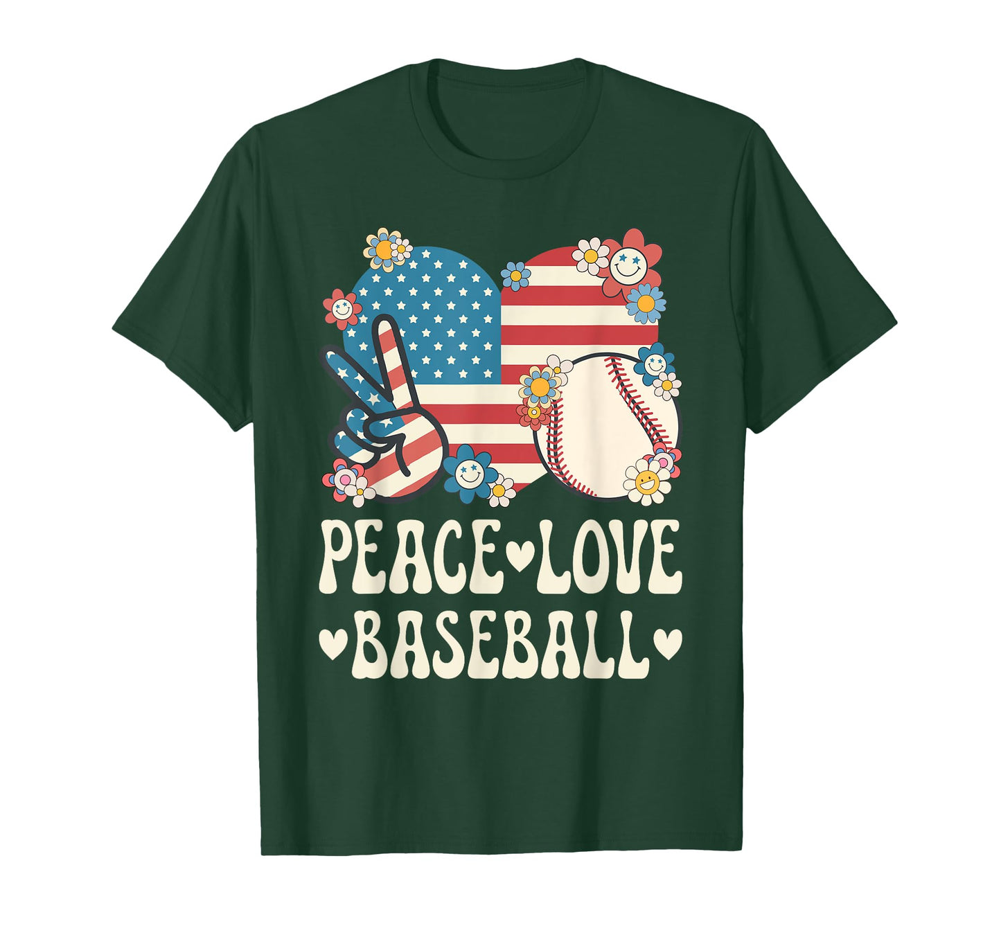 Peace Love Baseball Lover American Flag Patriotic Baseball T-Shirt