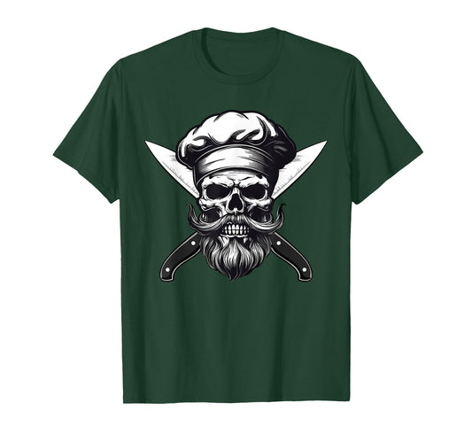Chef Skull with Beard, Culinary Mens, Cook Skull T-Shirt