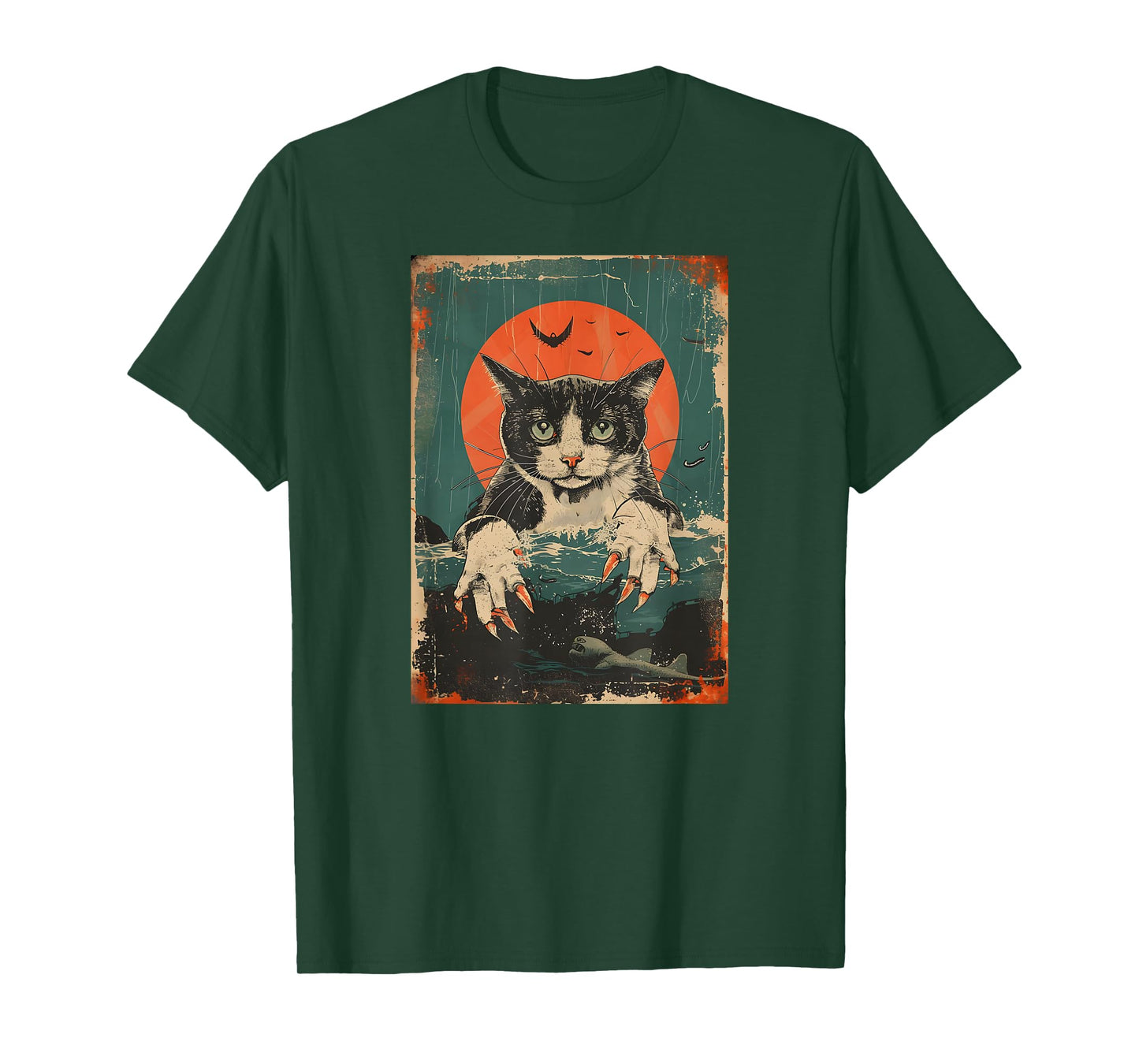 Creepy Cat Monster Funny Retro Cats Sea Lover Japanese Anime T-Shirt