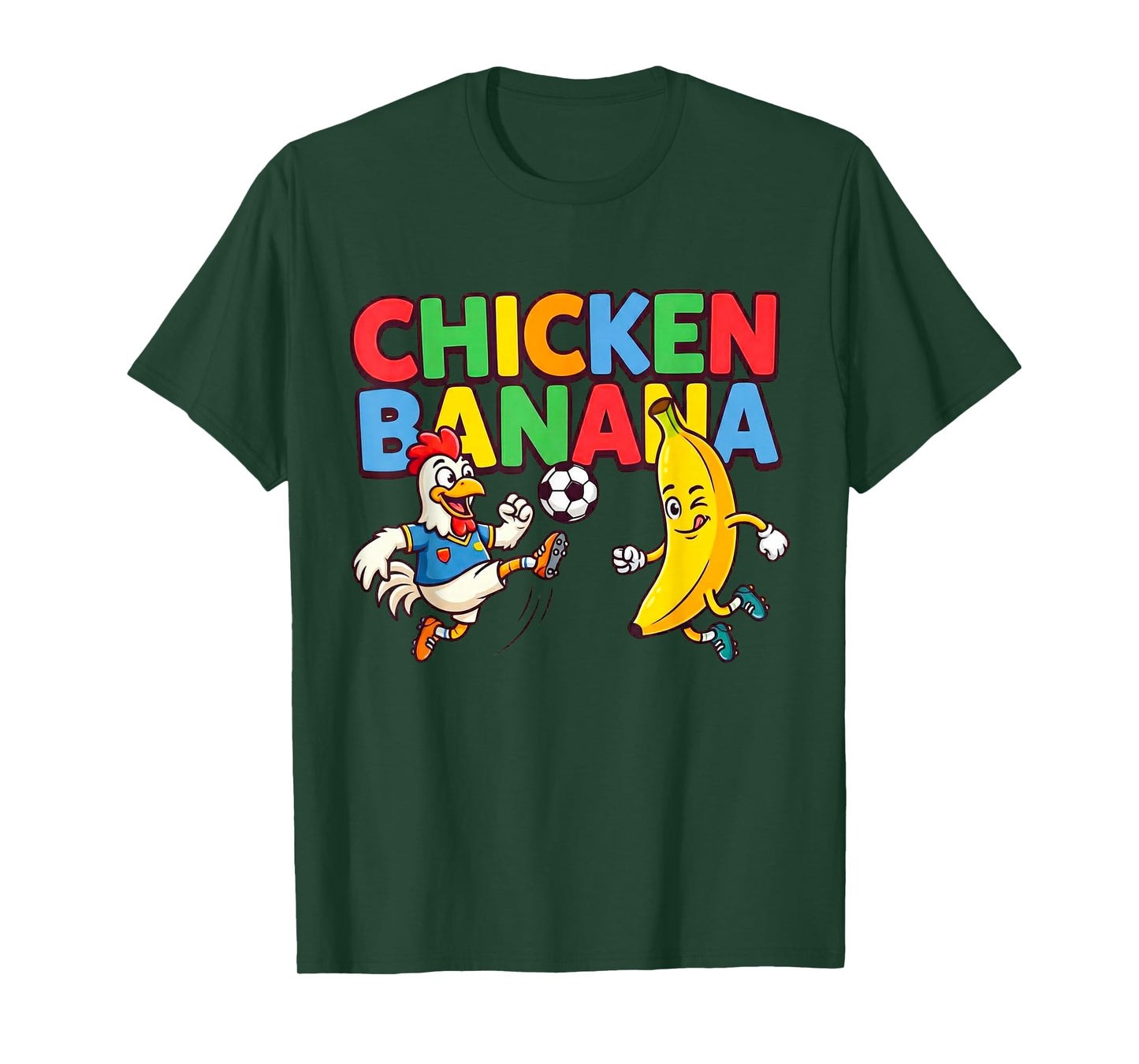 Funny Cartoon Chicken Banana Soccer Player Ball Graphic Tee T-Shirt