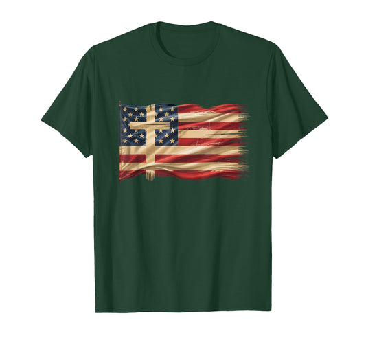 Distressed USA Flag with Christian Cross Faith Art T-Shirt