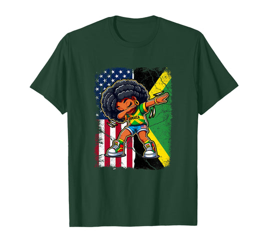 Jamaican Girl Kid Half American Half Jamaican Flag Patriotic T-Shirt