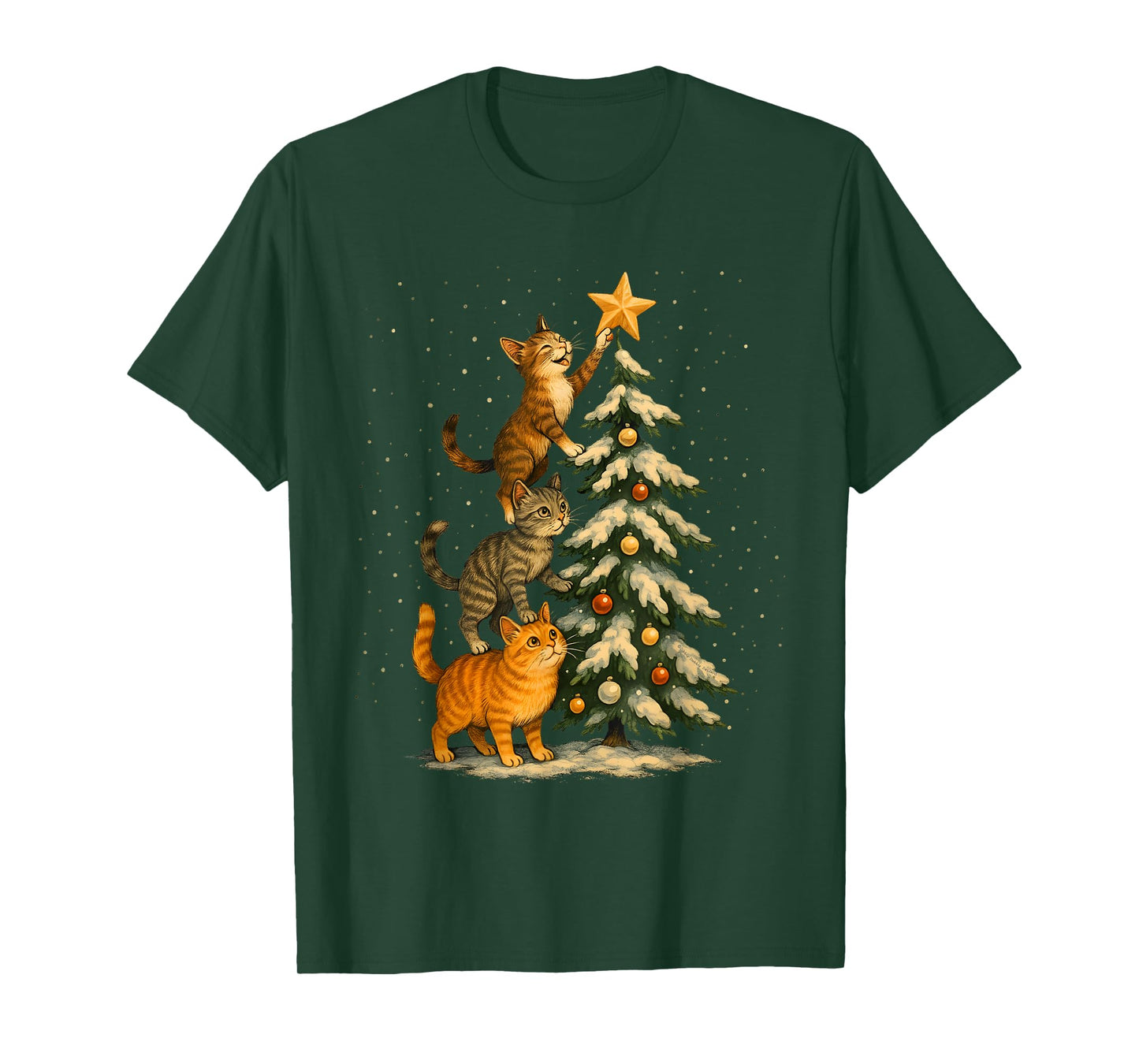 Cute and Funny Cats Putting Star on Tree Christmas Cat T-Shirt