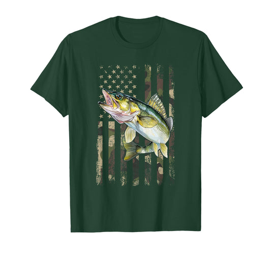 Walleye Camo American Flag, Fishing Walleye T-Shirt