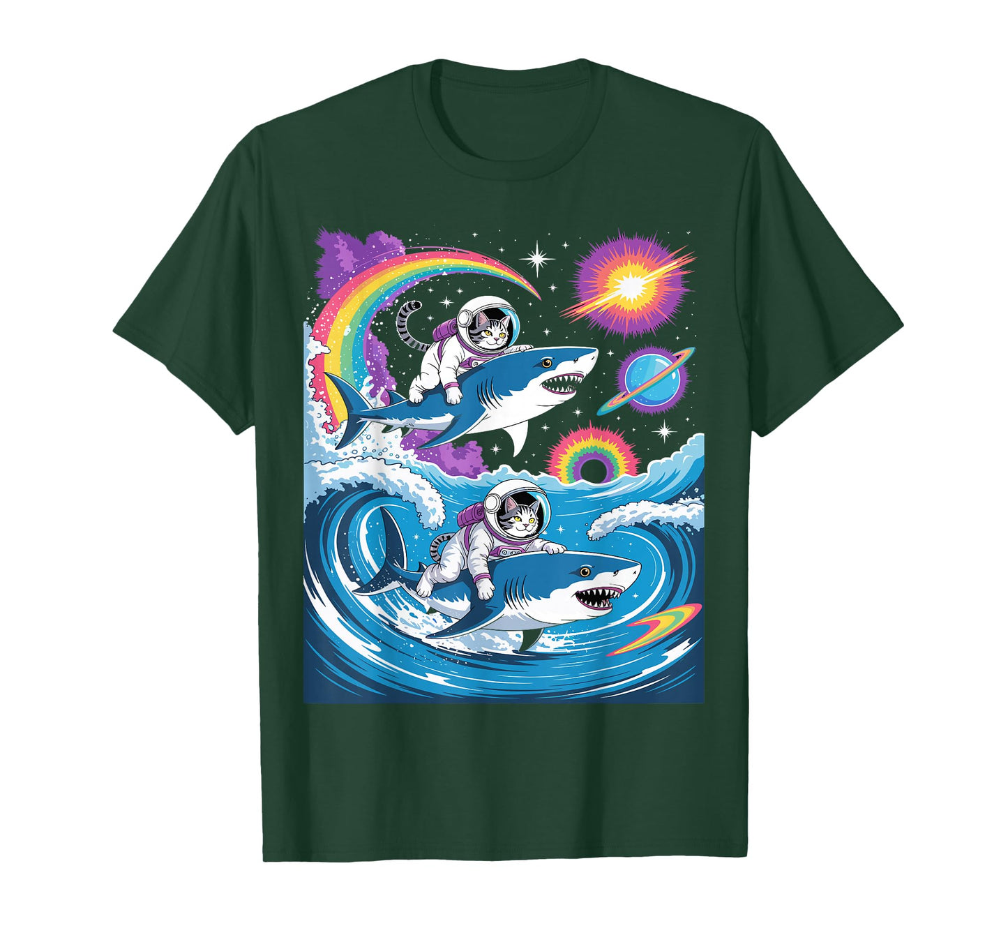 Cats Riding Sharks in Space Funny Galaxy Rainbow Tee T-Shirt