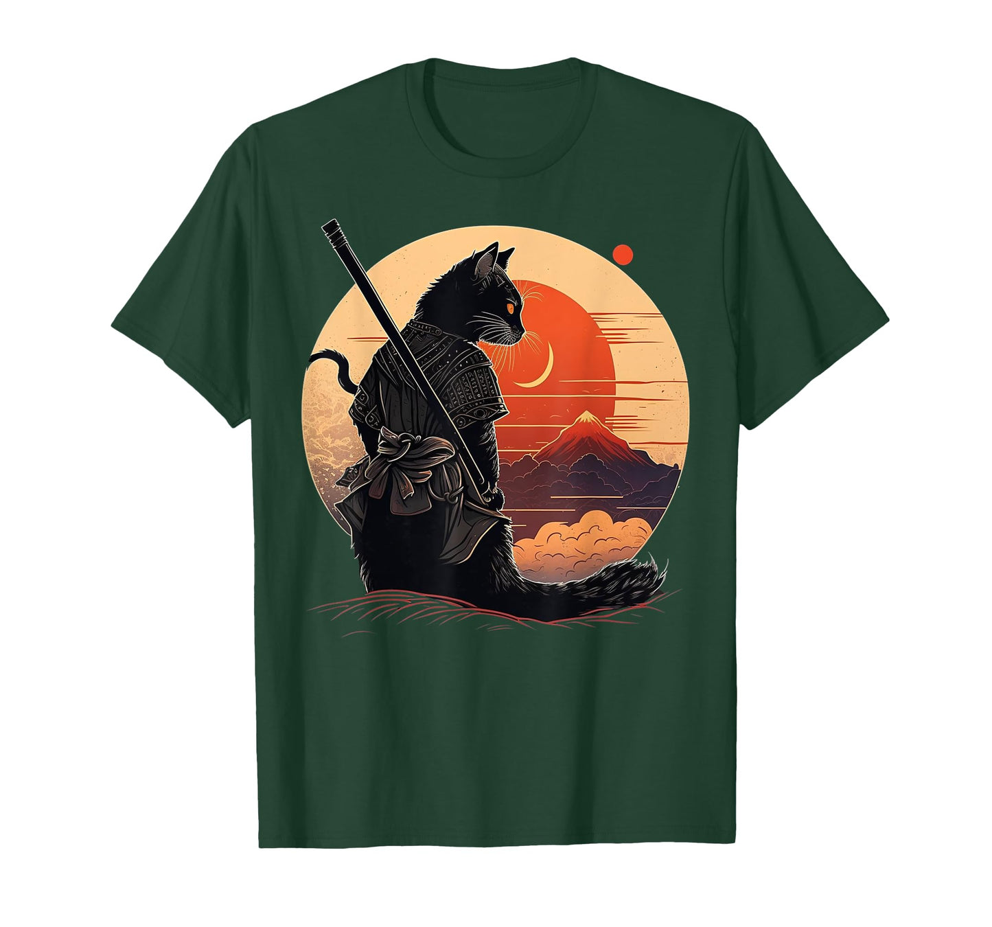Vintage Japanese Sunset Style and samurai cat Kitten Lover Men Women Kids T-Shirt
