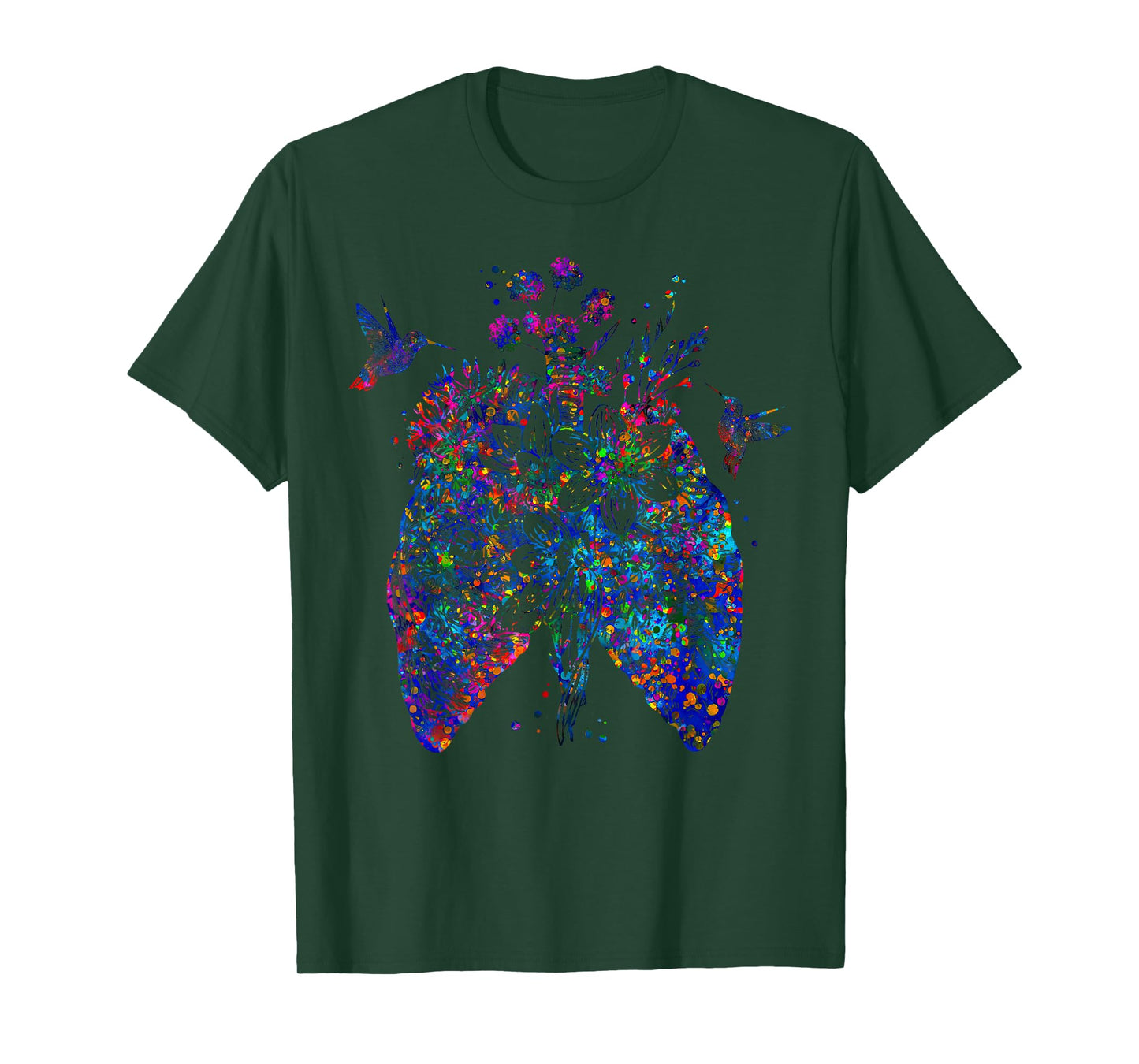 Color Hummingbird Floral Lung Anatomy Pulmonologist RT Nurse T-Shirt