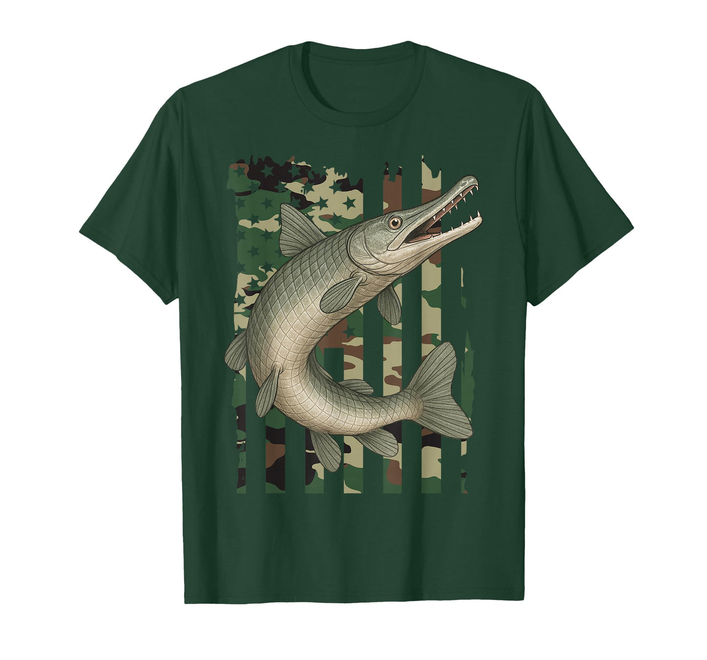 Alligator Gar with Camo American Flag, Fishing Alligator Gar T-Shirt