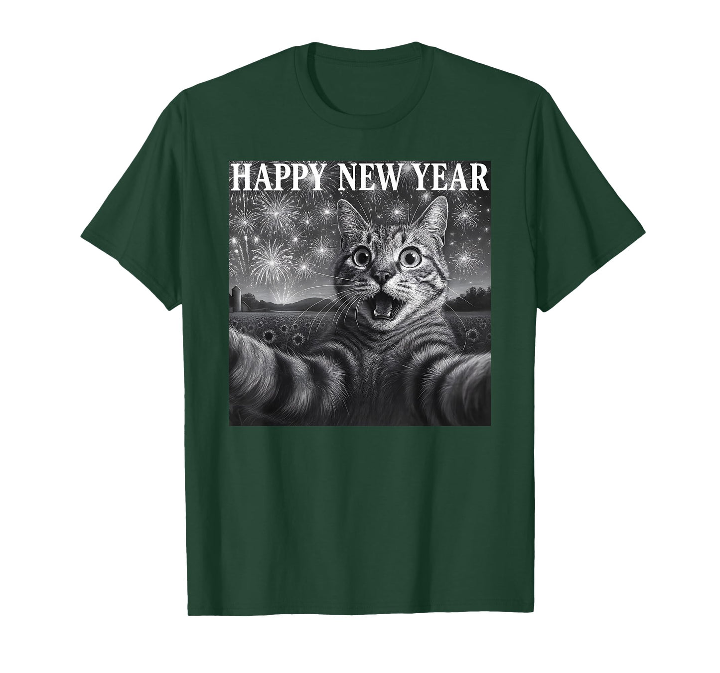 Cat Selfie with Firework Funny Cat Happy New Year Men Women T-Shirt