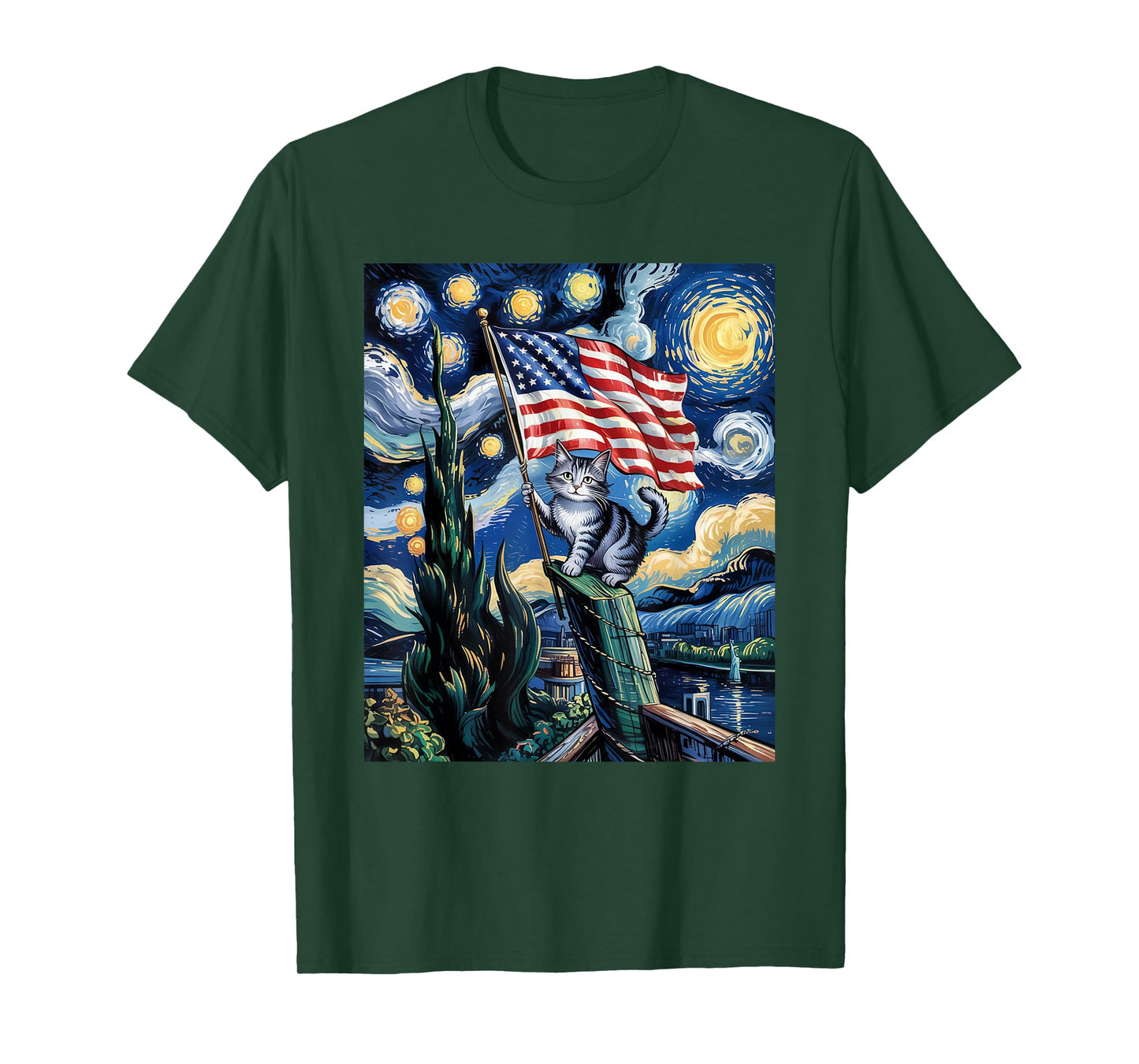 Starry Night Patriotic Cat 4th of July American Flag Men Women Kids T-Shirt