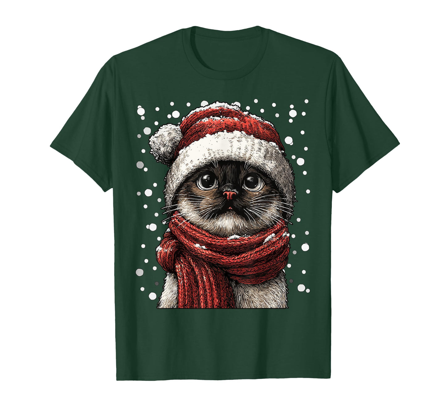 Snowy Siamese Cat with Snow Santa Hat Winter Christmas T-Shirt