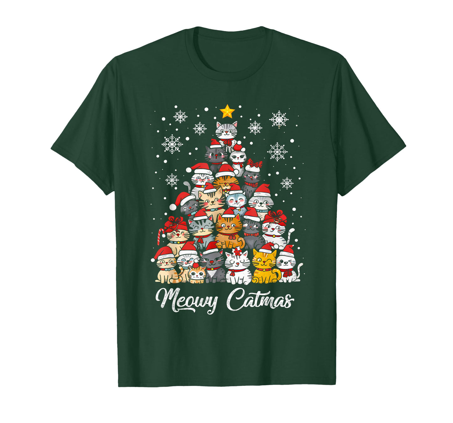 Meowy Catmas Cat Christmas Tree Xmas Girls Boys Funny Santa T-Shirt