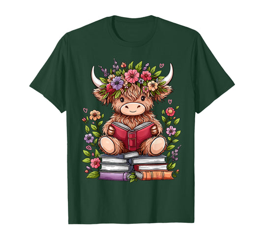 Cute Baby Highland Cow with Reading Book Bookworm T-Shirt