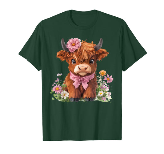 Cottagecore Cute Cow With Bow Flower Highland Cow Girl Women T-Shirt