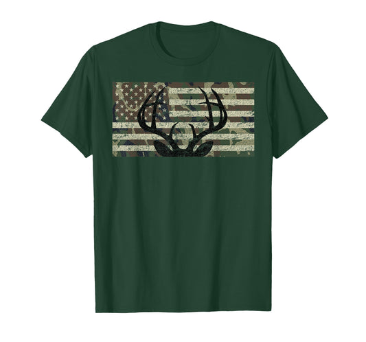 Deer Hunting Camo American Flag Buck Antlers Hunter Country T-Shirt