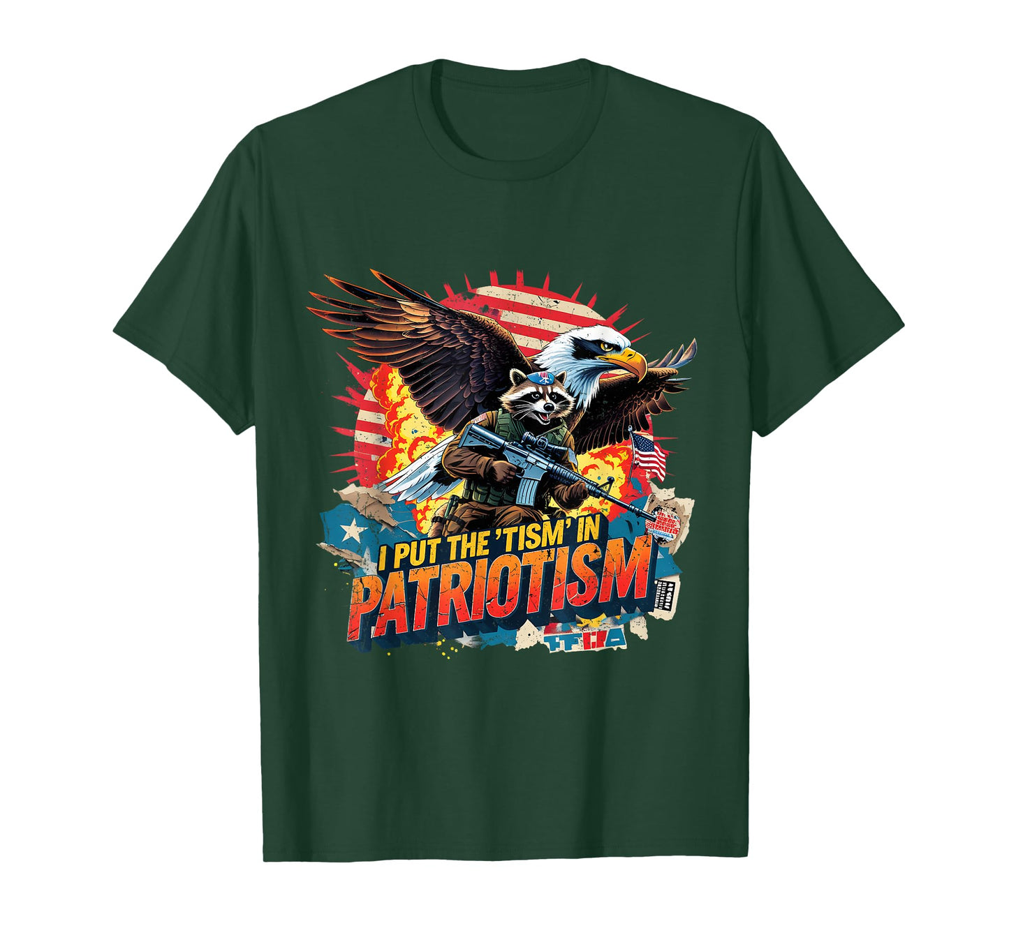 I Put The Tism in Patriotism Funny USA Patriotic Raccoon T-Shirt