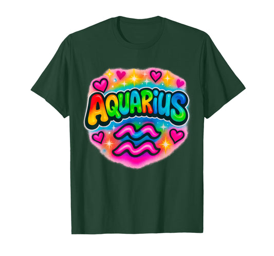Aquarius Zodiac Sign Airbrush Rainbow Star Graphic T-Shirt