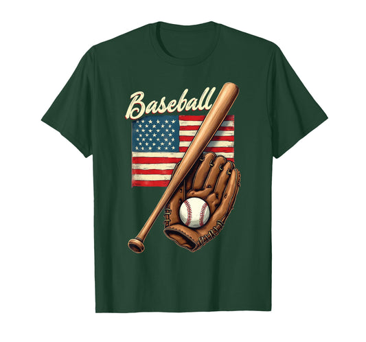 American Flag Baseball Player Bat Fan Catcher Pitcher USA T-Shirt