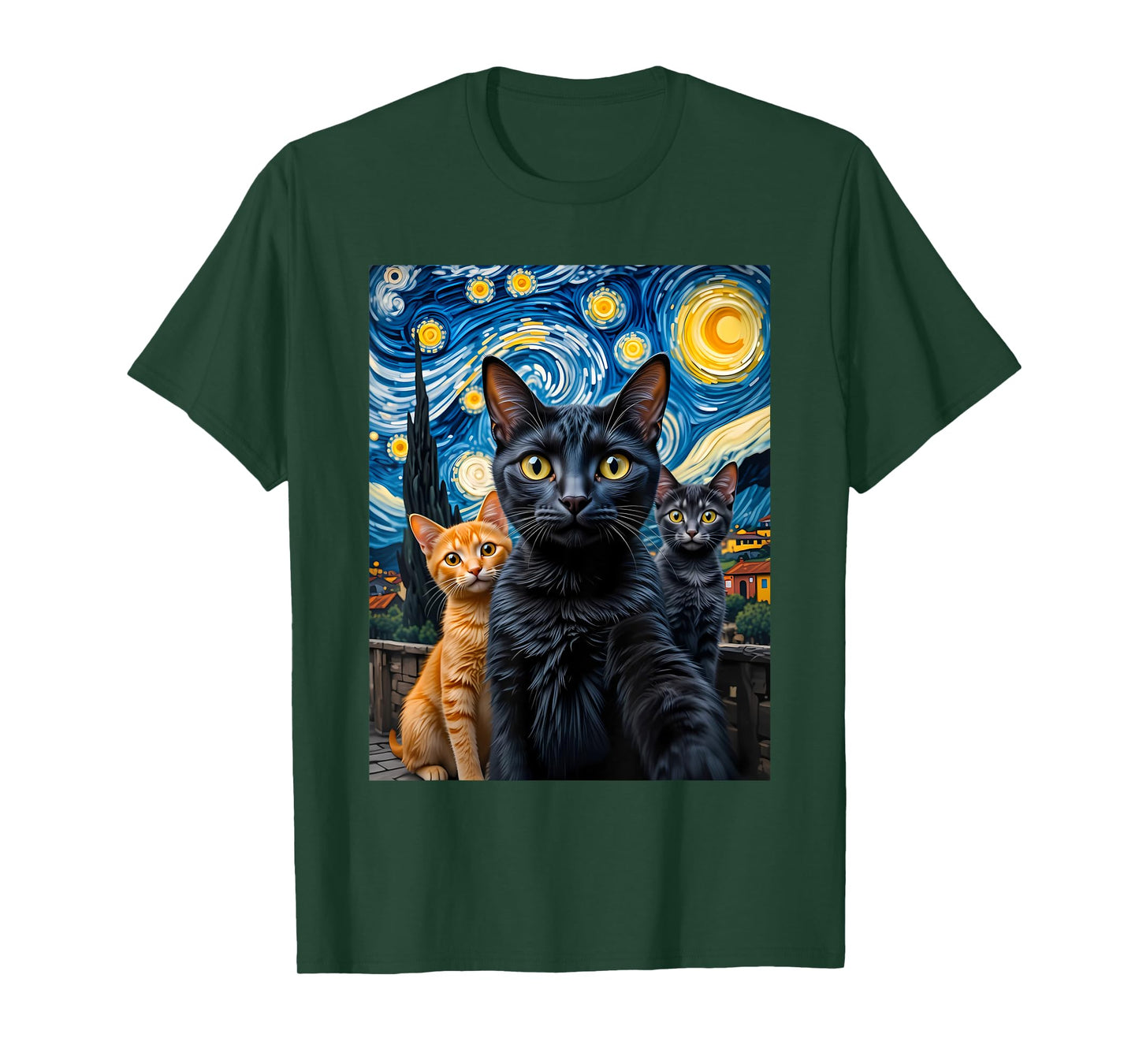 Cat Selfie Van Gogh Funny Black Cat Starry Night Men Women T-Shirt