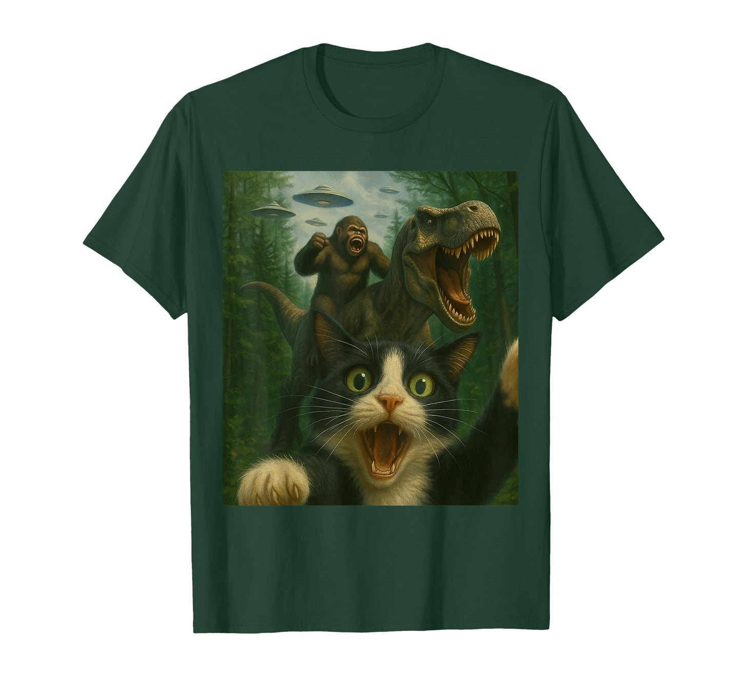 Funny Surprised Scared Cat Selfie T-Rex Dinosaur Bigfoot UFO T-Shirt