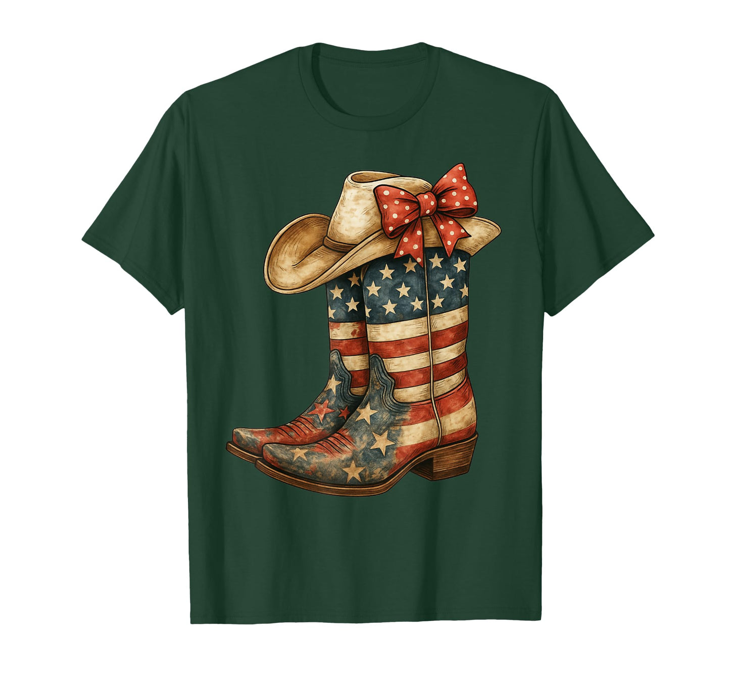 Retro Western Cowboy Boots Cowgirl American Flag 4th of July T-Shirt