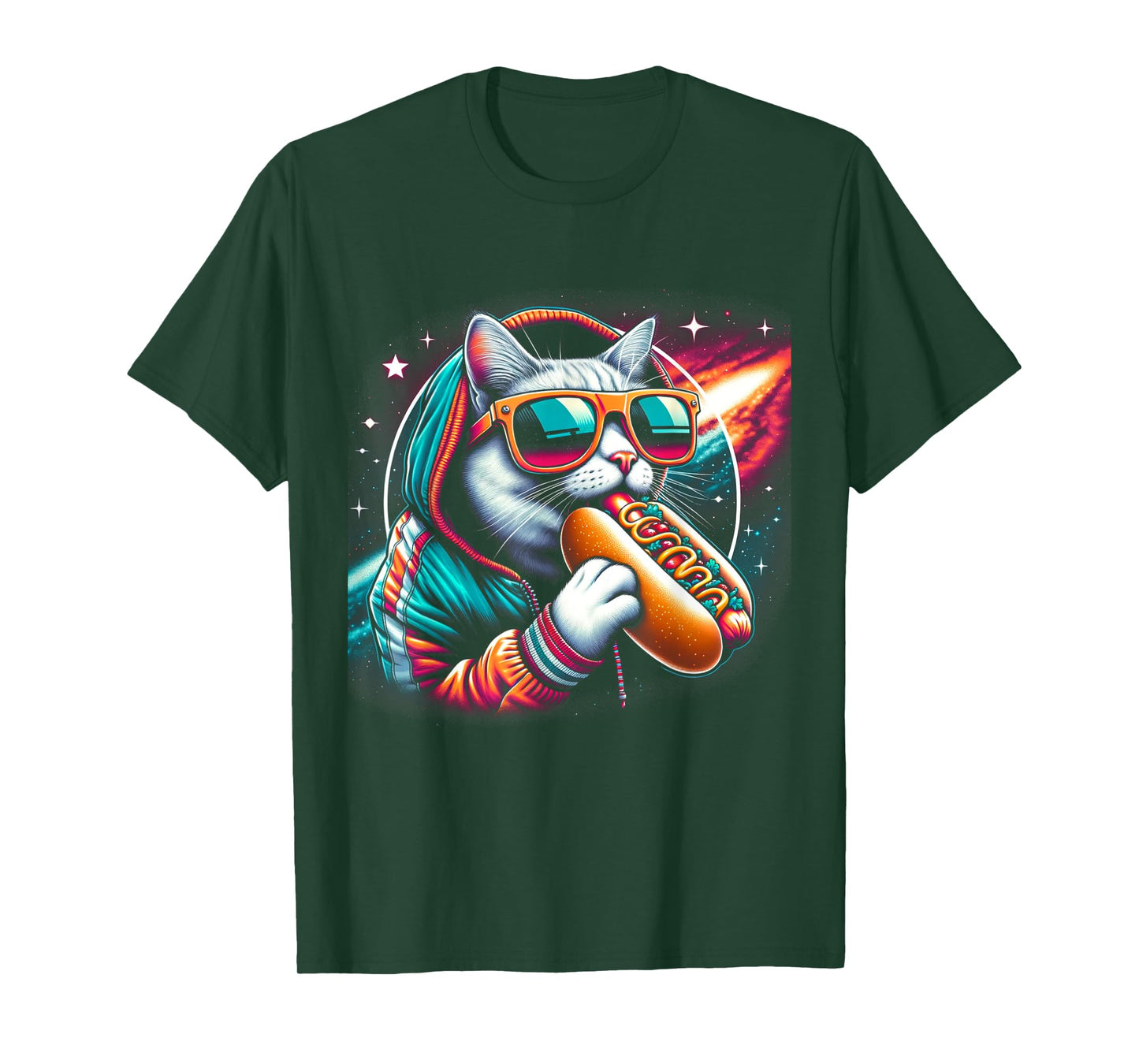 Funny Cat eating Hotdog in space kitty Space Galaxy Men Women Kids T-Shirt