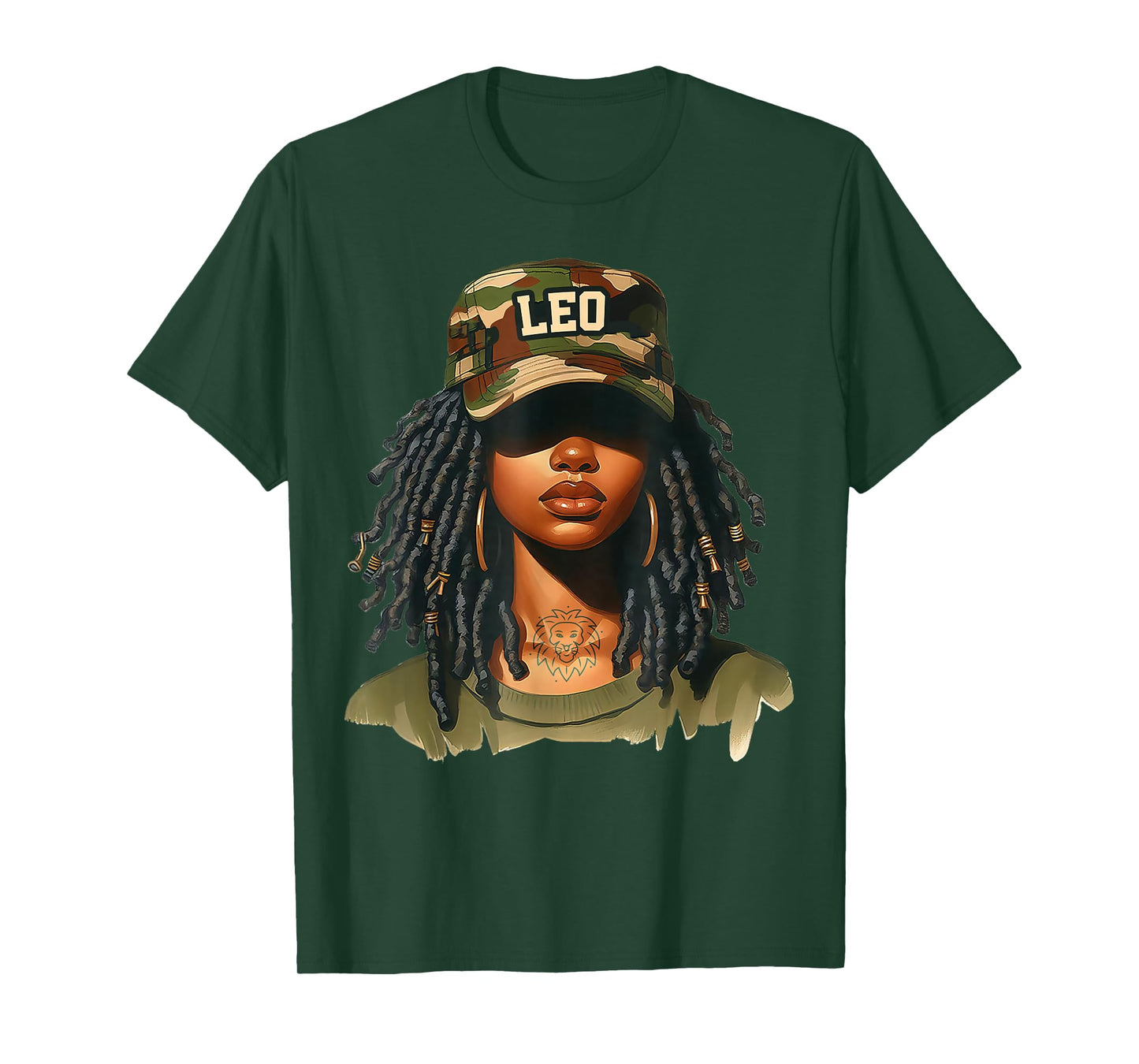 Leo Queen Black Girl with Cap Camo Afro Woman Zodiac T-Shirt