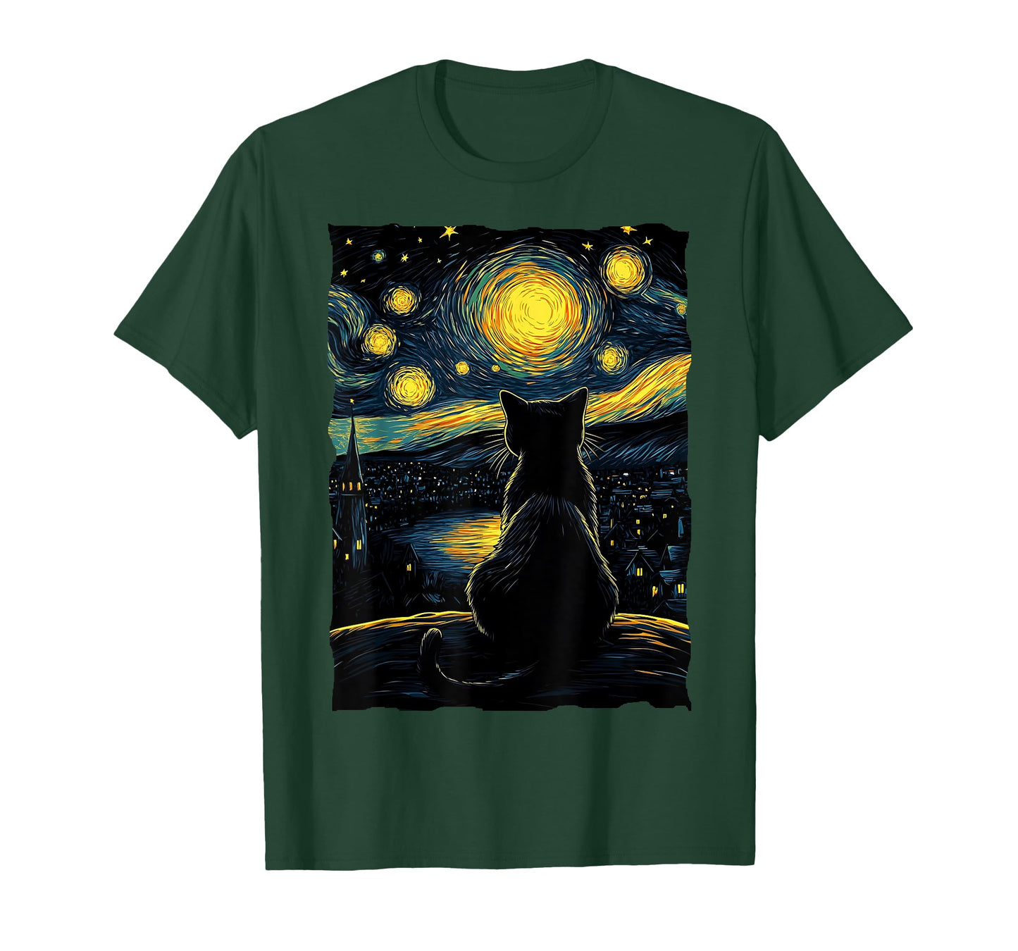 Black Cat Lover Starry Night Vincent van Gogh T-Shirt