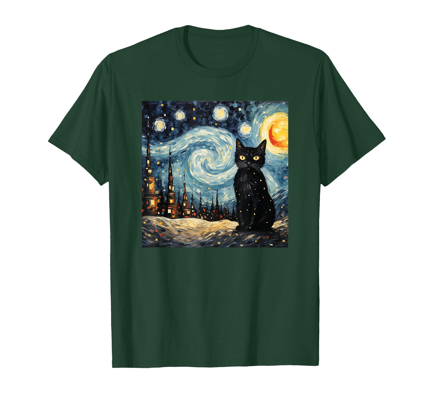 black cat Painting art Starry Night kitty kitten Van Gogh T-Shirt